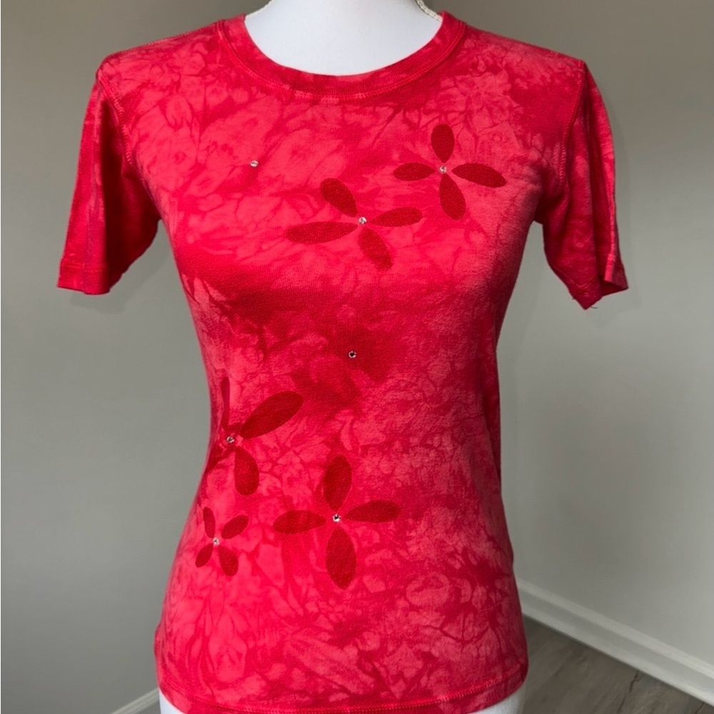Y2K Grass Roots Red Tie-Dye Rhinestone Flower Tee Shirt Size 1 Made in USA XS/S